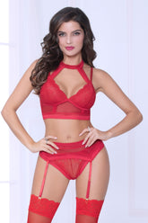 Lace And Netting Long Line Bra With Attached Harness, Garter Belt, And Open Crotch Thong - STM10926 by Seven Til Midnight